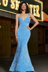 Glitzerndes blaues Spaghettiträger langes Meerjungfrauen Ballkleid mit Pailletten